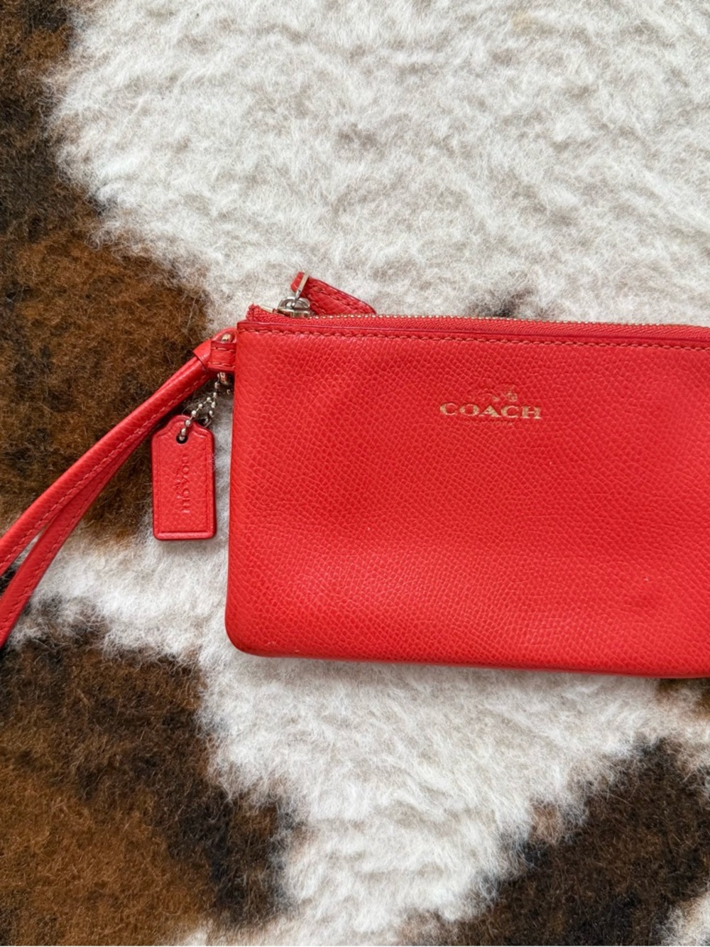 Coach Red Pebbled Leather Wristlet with Gold Logo
